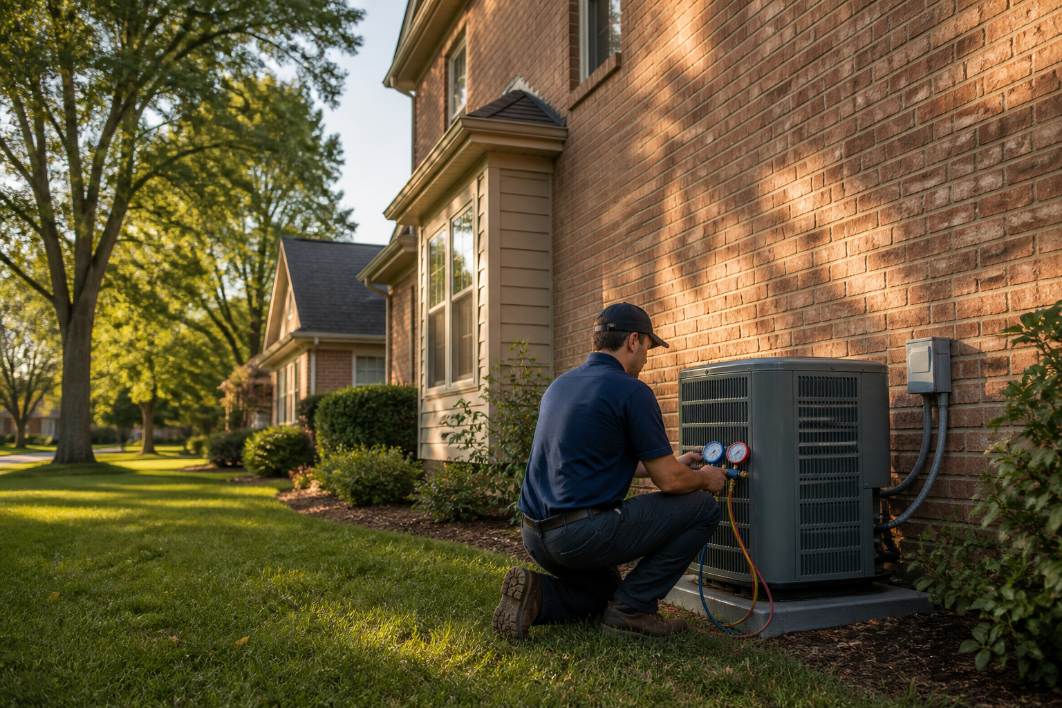 A Kansas City home at dusk with a newly installed air conditioning condenser